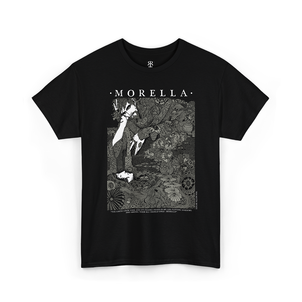 Black T-shirt with an illustration of a scene from Edgar Allan Poe's story 'Tales of Mystery and Imagination', featuring a dark, intricate art style.