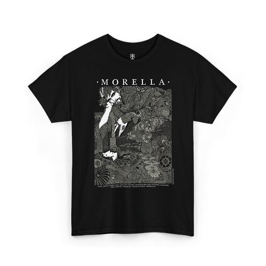 Black T-shirt with an illustration of a scene from Edgar Allan Poe's story 'Tales of Mystery and Imagination', featuring a dark, intricate art style.