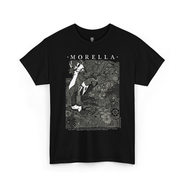 Black T-shirt with an illustration of a scene from Edgar Allan Poe's story 'Tales of Mystery and Imagination', featuring a dark, intricate art style.