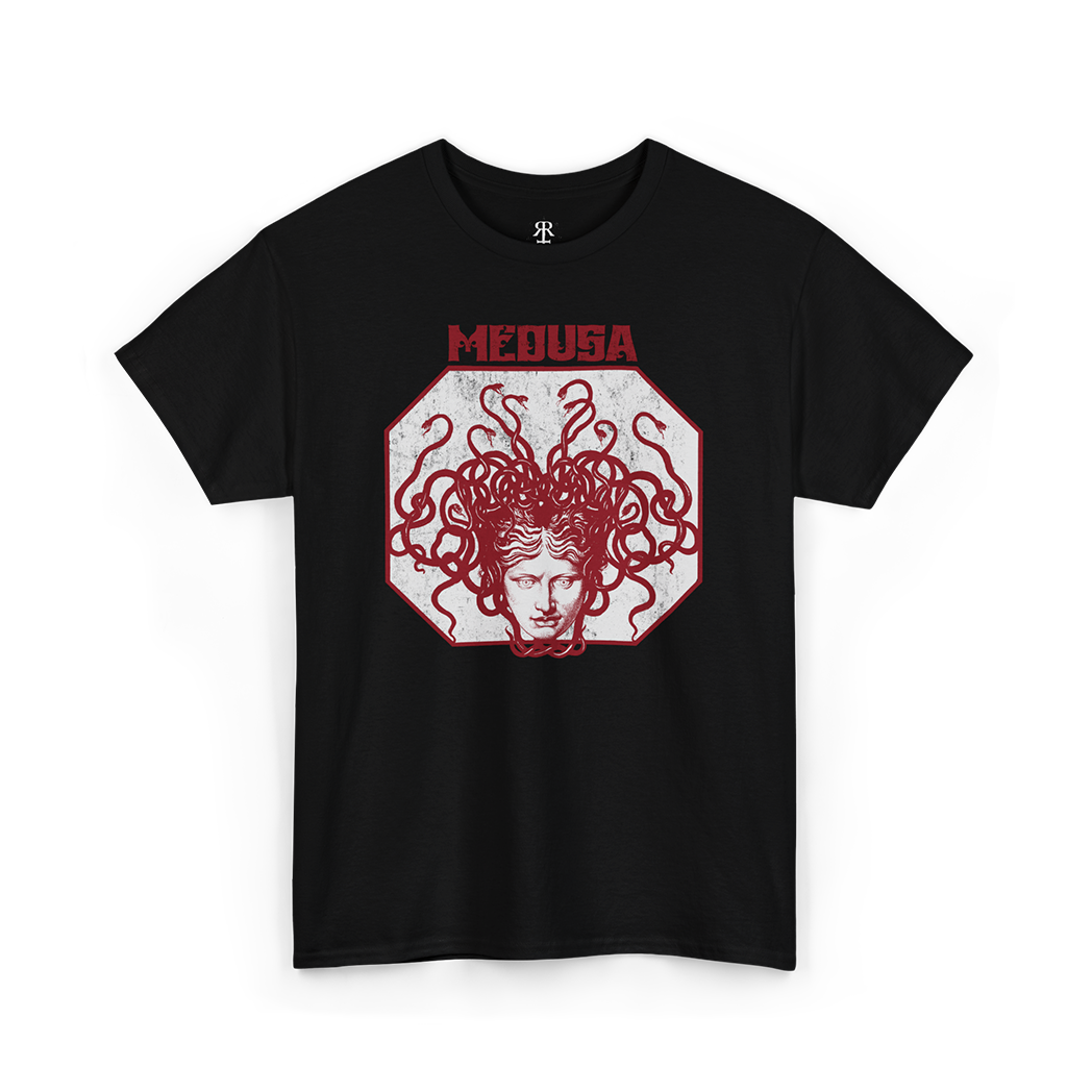 A black T-shirt with a graphic print of the head of Medusa in the center, featuring red hair and a stylized design.