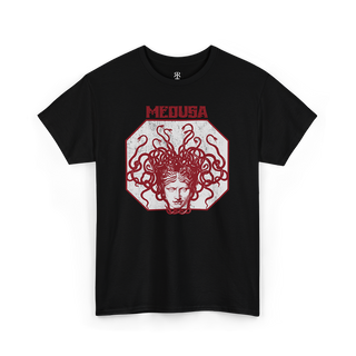 A black T-shirt with a graphic print of the head of Medusa in the center, featuring red hair and a stylized design.
