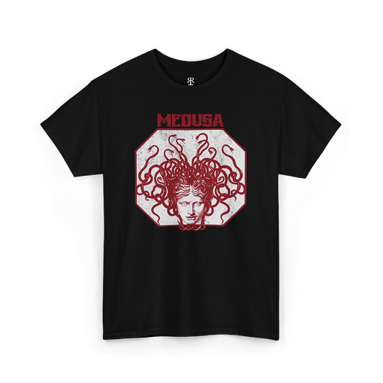 A black T-shirt with a graphic print of the head of Medusa in the center, featuring red hair and a stylized design.