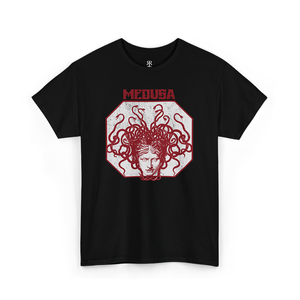 A black T-shirt with a graphic print of the head of Medusa in the center, featuring red hair and a stylized design.