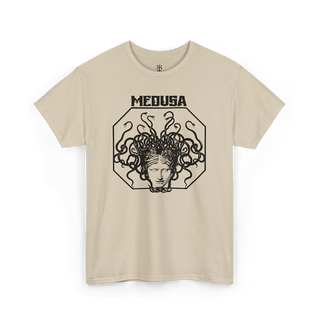 A beige T-shirt with a graphic print of the head of Medusa in the center, featuring red hair and a stylized design.