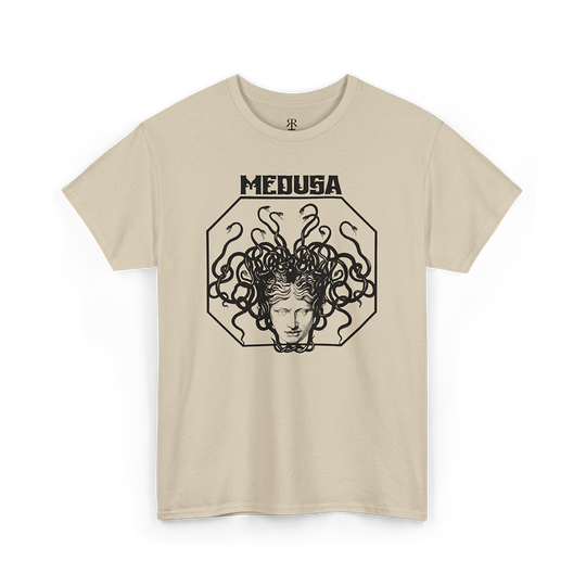 A beige T-shirt with a graphic print of the head of Medusa in the center, featuring red hair and a stylized design.