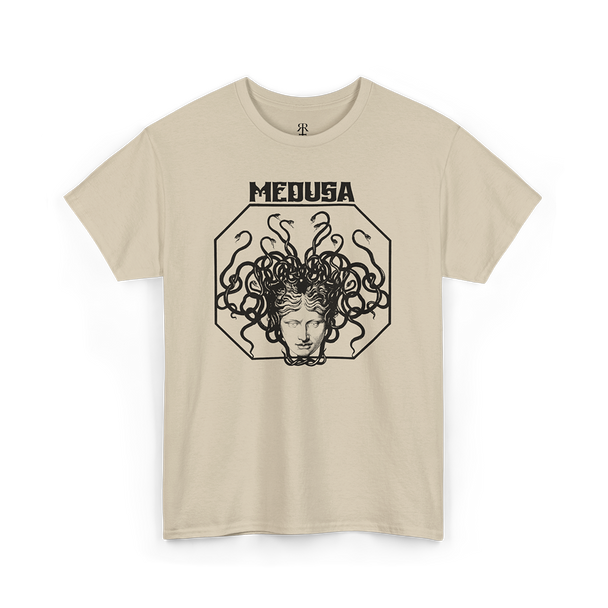 A beige T-shirt with a graphic print of the head of Medusa in the center, featuring red hair and a stylized design.