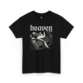 Black T-shirt with a graphic print of a woman playing with a cat in bed with 'HEAVEN ON EARTH' text above it.