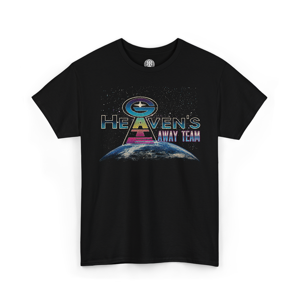 A black short-sleeve crewneck t-shirt featuring a colorful retro graphic on the front with the text 'HEAVEN'S AWAY TEAM' and a stylized pyramid over a planet against a starry space background.