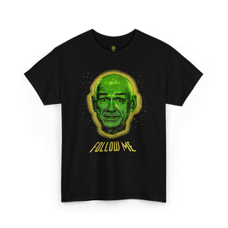Black t-shirt with a green graphic and 'Follow Me' text on a white background
