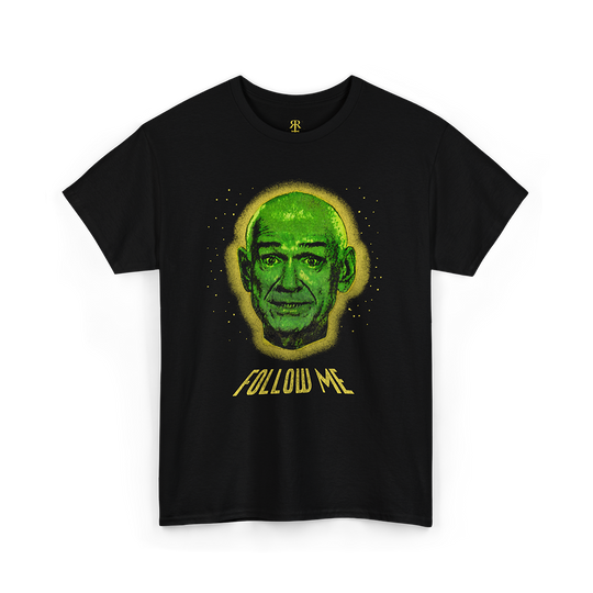 Black t-shirt with a green graphic and 'Follow Me' text on a white background