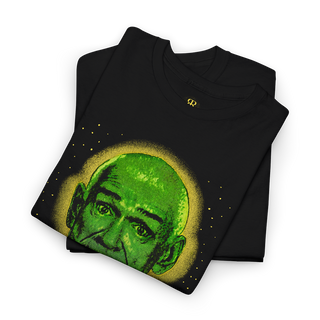 Black t-shirt with a green graphic and 'Follow Me' text on a white background