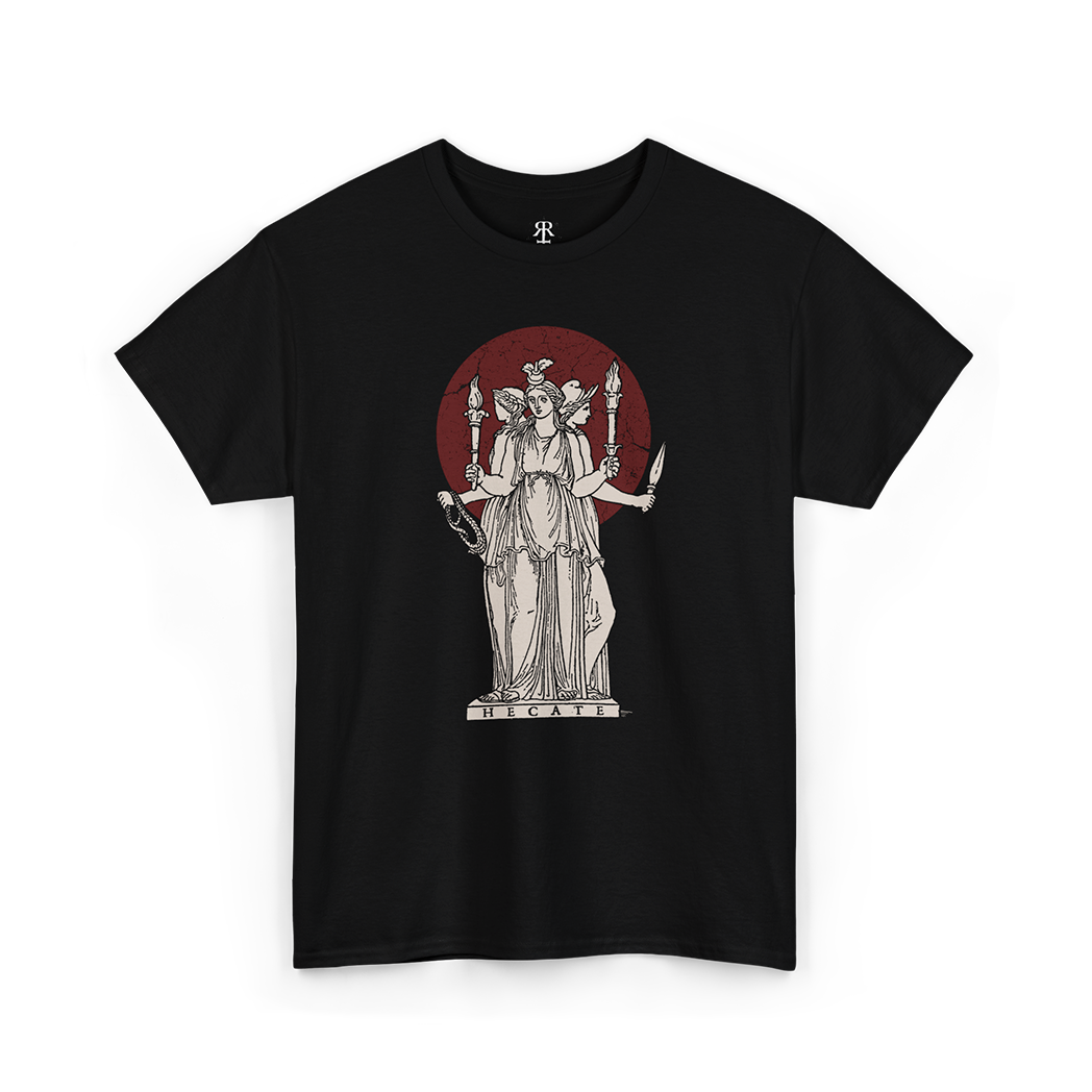 A black T-shirt featuring a white illustration of Hecate, a figure from ancient Greek mythology, holding torches and keys.