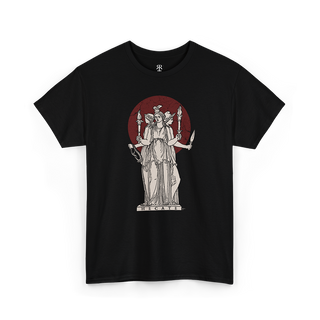 A black T-shirt featuring a white illustration of Hecate, a figure from ancient Greek mythology, holding torches and keys.