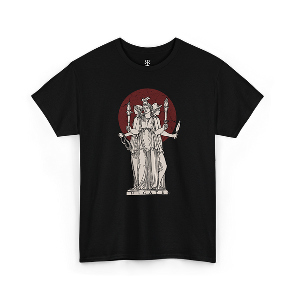 A black T-shirt featuring a white illustration of Hecate, a figure from ancient Greek mythology, holding torches and keys.