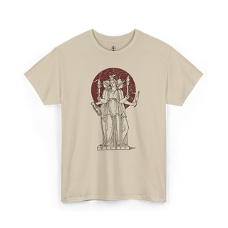 A sand T-shirt featuring a white illustration of Hecate, a figure from ancient Greek mythology, holding torches and keys.
