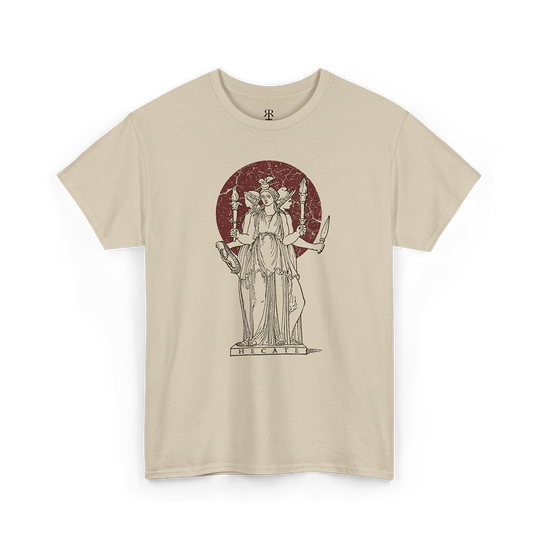 A sand T-shirt featuring a white illustration of Hecate, a figure from ancient Greek mythology, holding torches and keys.