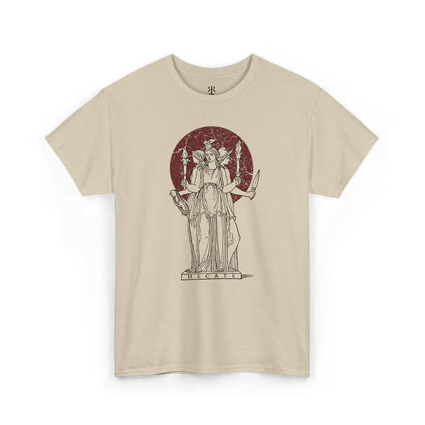 A sand T-shirt featuring a white illustration of Hecate, a figure from ancient Greek mythology, holding torches and keys.