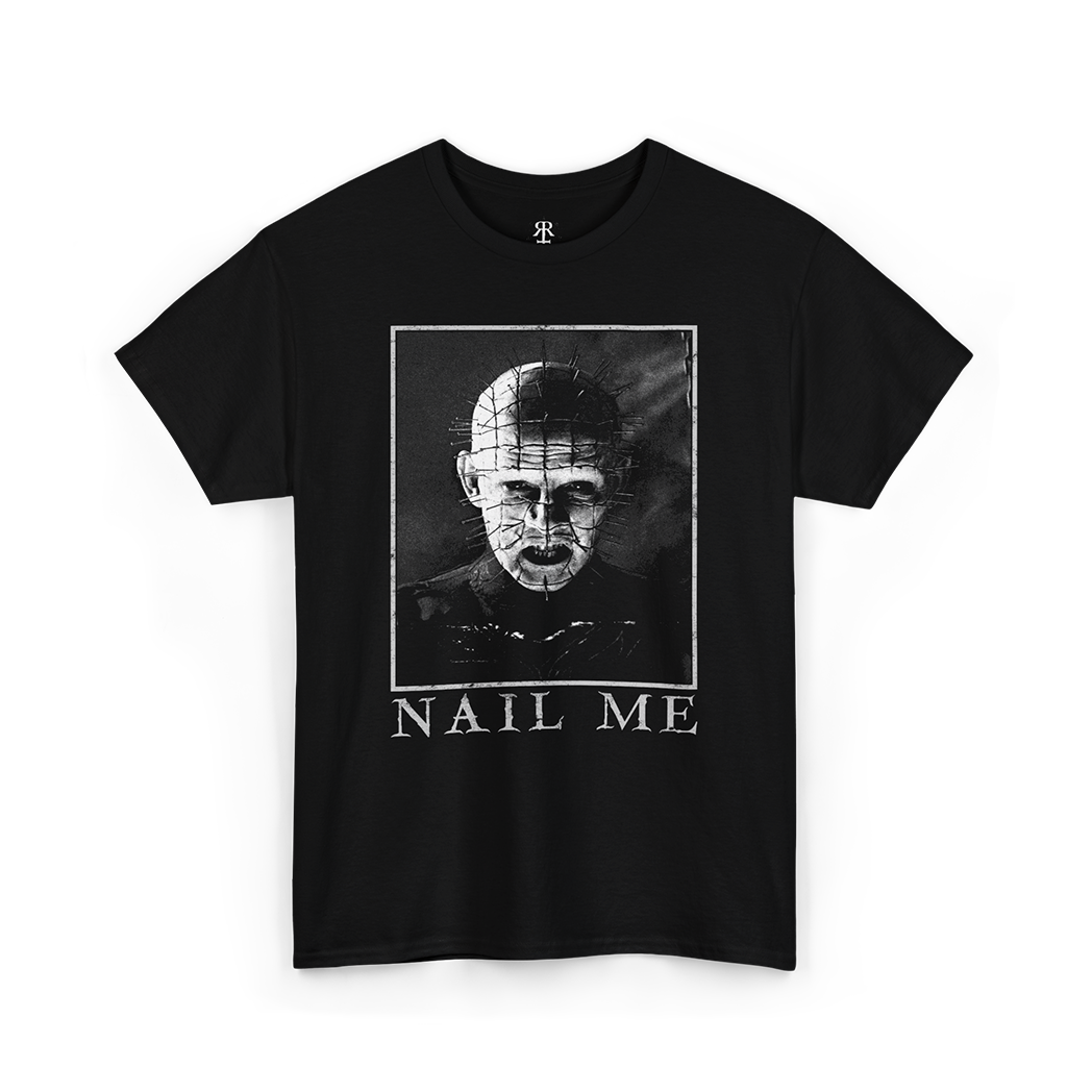 Hellraiser shirt showing Pinhead amd below it says Nail me, black shirt