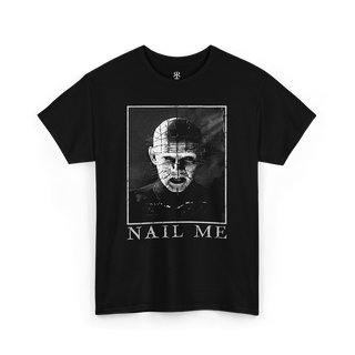 Hellraiser shirt showing Pinhead amd below it says Nail me, black shirt