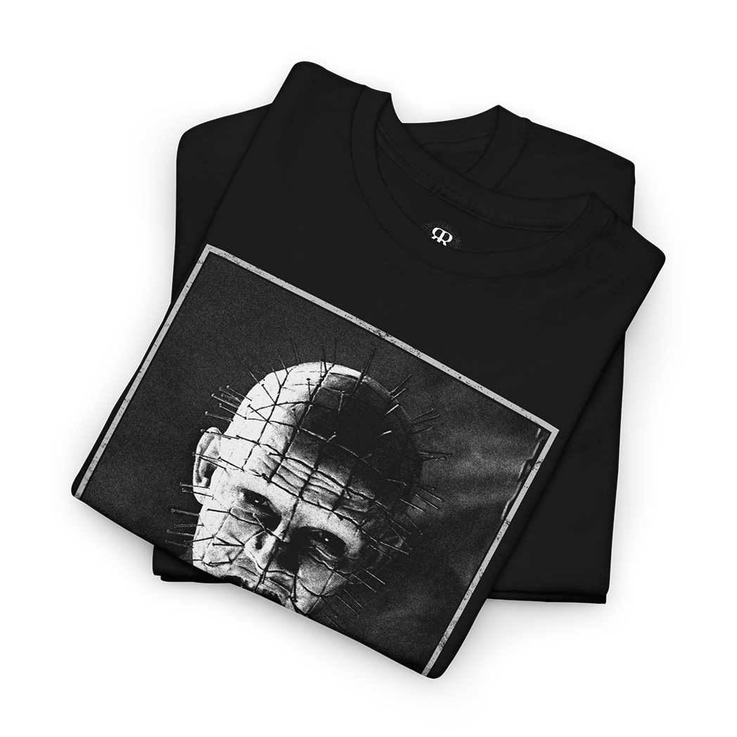 Hellraiser shirt showing Pinhead amd below it says Nail me, black shirt