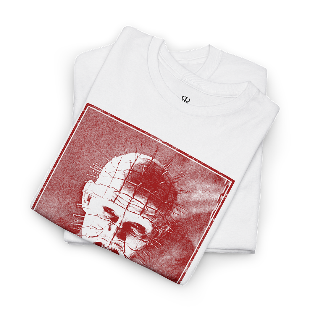Hellraiser shirt showing Pinhead amd below it says Nail me, white shirt