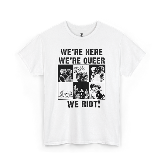 We Riot unisex T-shirt, white with protest and counterculture rebellion slogan design