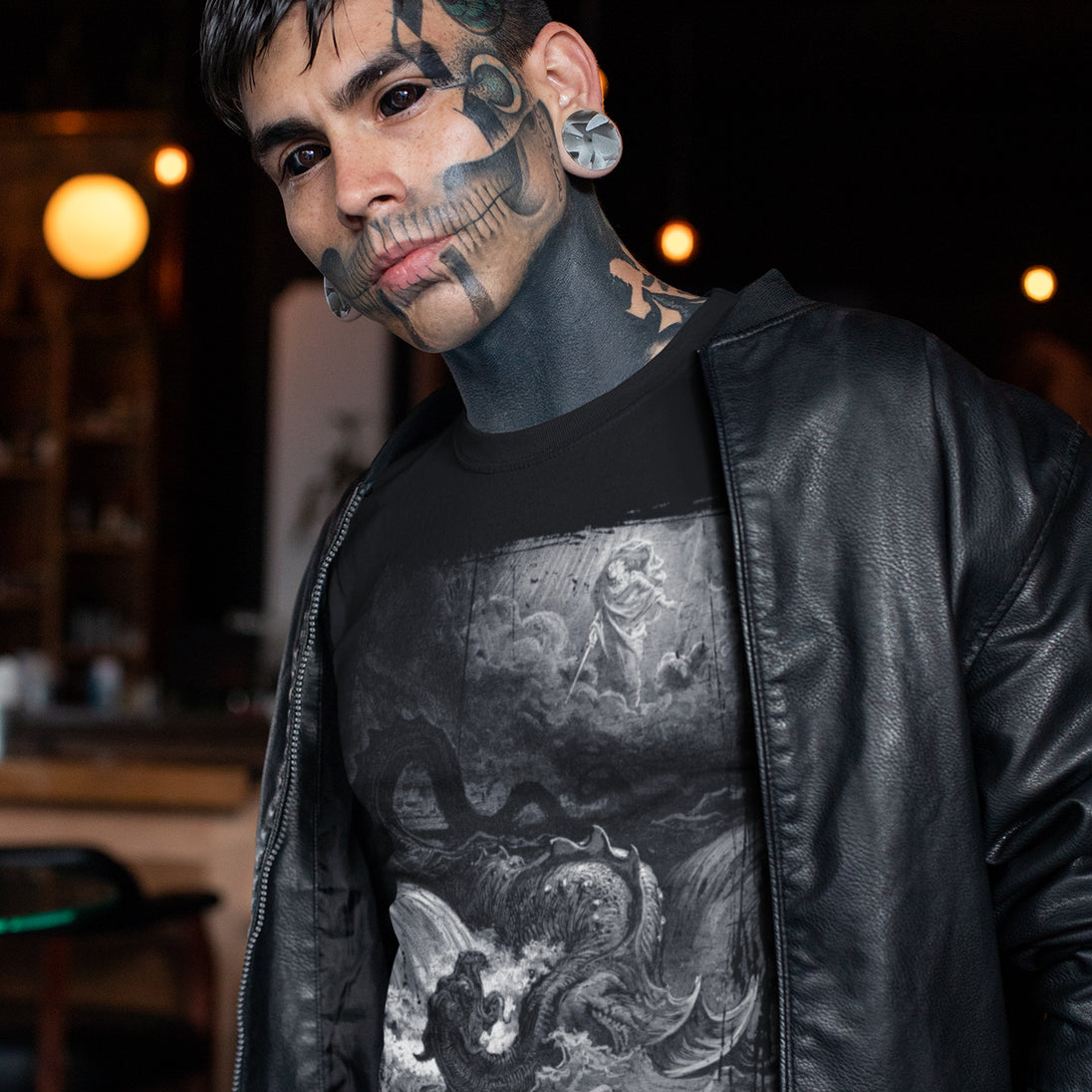 Tattooed man wearing The Destruction of Leviathan T-Shirt