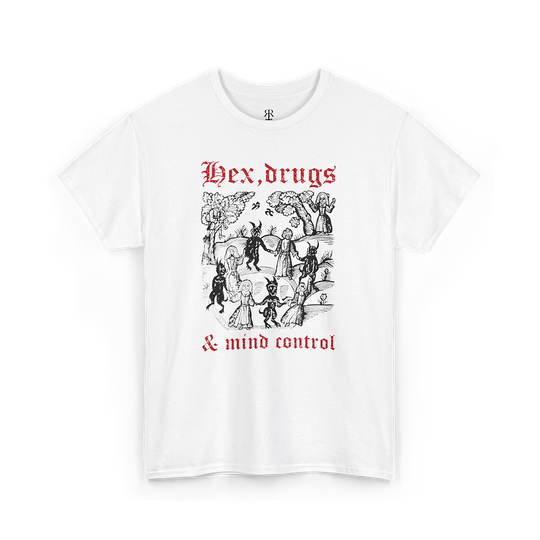 Hex drugs and mind control white t-shirt, showing witches sabbath in woodcut style