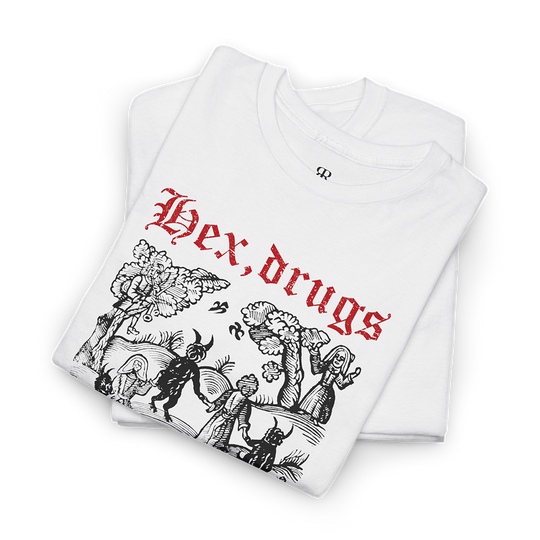 Hex drugs and mind control white t-shirt, showing witches sabbath in woodcut style