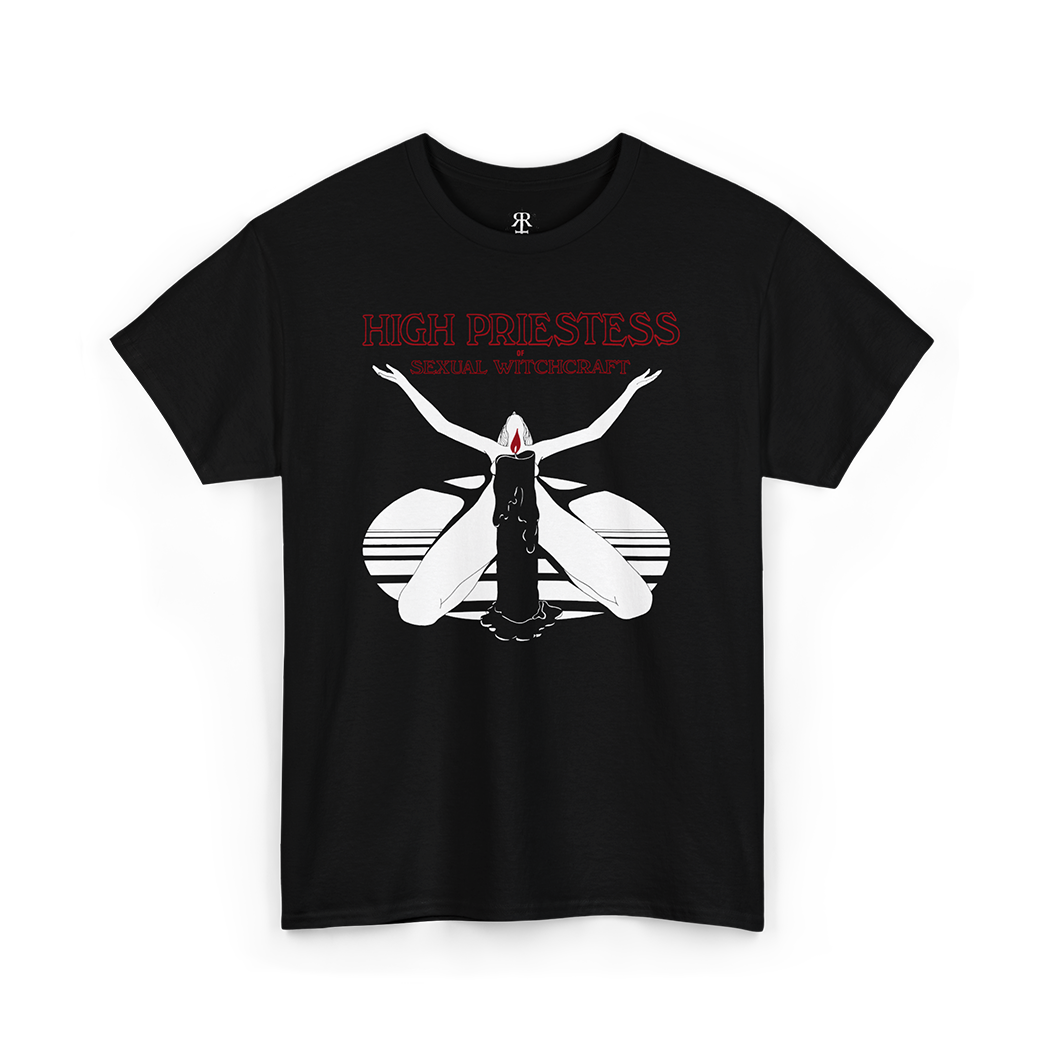 High Priestess of Sexual Witchcraft T-Shirt, showing a woman doing a itual with candle covering her naked body