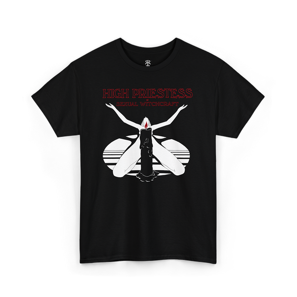 High Priestess of Sexual Witchcraft T-Shirt, showing a woman doing a itual with candle covering her naked body
