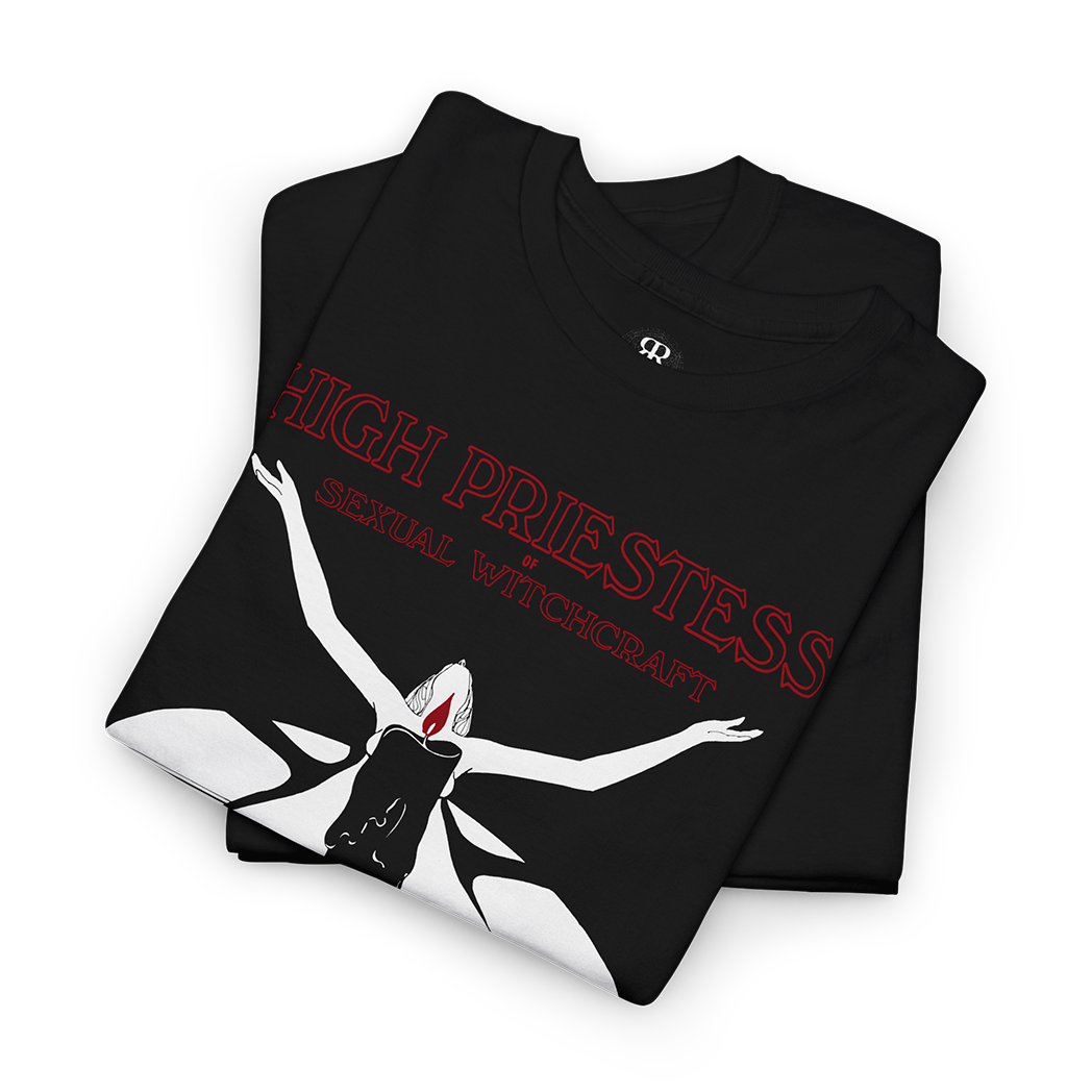 High Priestess of Sexual Witchcraft T-Shirt, showing a woman doing a itual with candle covering her naked body