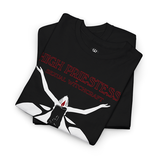High Priestess of Sexual Witchcraft T-Shirt, showing a woman doing a itual with candle covering her naked body