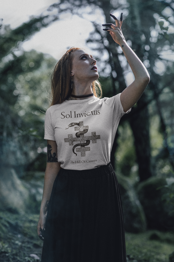 Woman wearing Sol Invictus The Hill Of Crosses T-Shirt