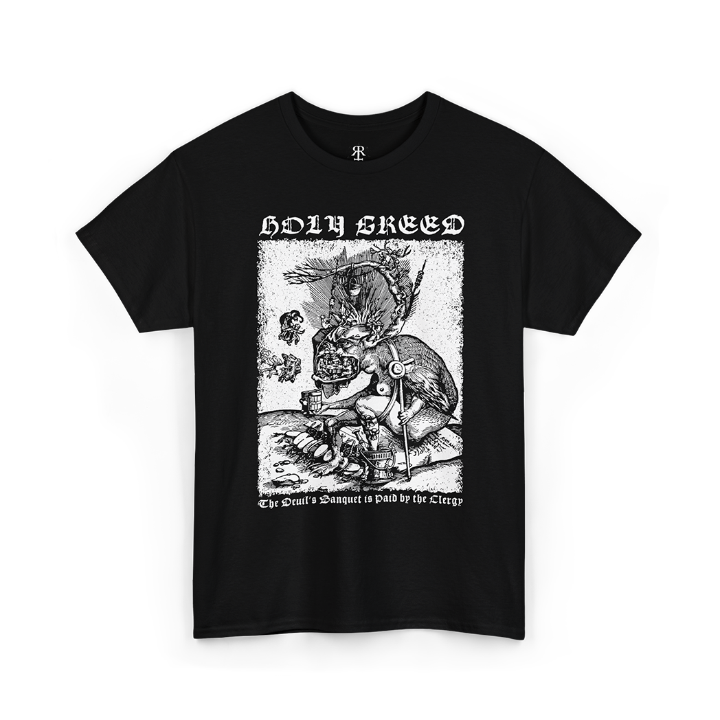 Black t-shirt showing 16th-century Reformation woodcut that exposed church corruption through bold visual satire, and saying HOLY GREED