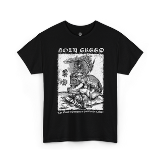 Black t-shirt showing 16th-century Reformation woodcut that exposed church corruption through bold visual satire, and saying HOLY GREED