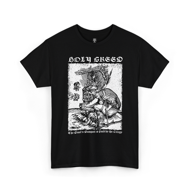 Black t-shirt showing 16th-century Reformation woodcut that exposed church corruption through bold visual satire, and saying HOLY GREED