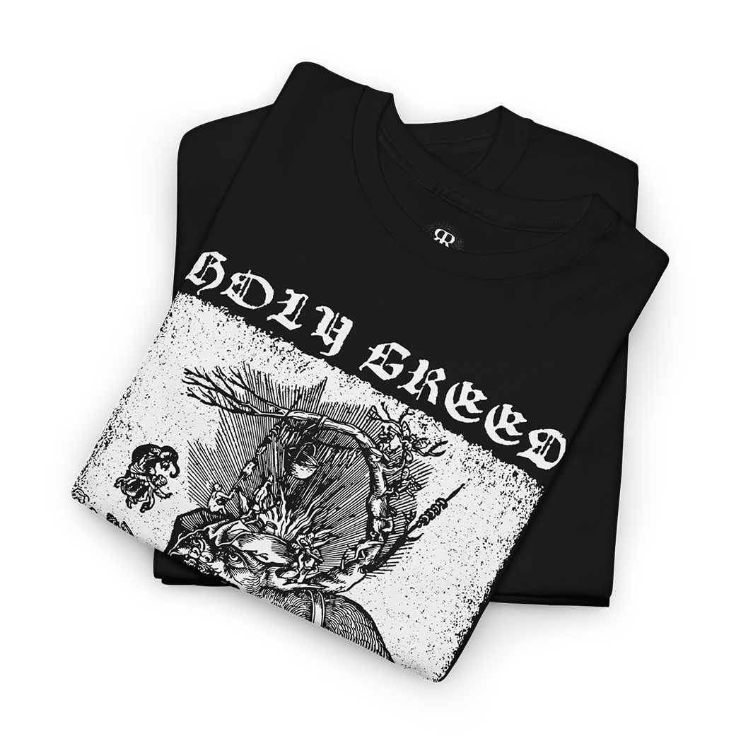 Black t-shirt showing 16th-century Reformation woodcut that exposed church corruption through bold visual satire, and saying HOLY GREED