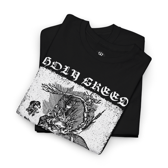 Black t-shirt showing 16th-century Reformation woodcut that exposed church corruption through bold visual satire, and saying HOLY GREED