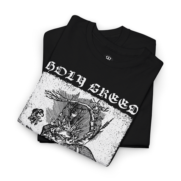Black t-shirt showing 16th-century Reformation woodcut that exposed church corruption through bold visual satire, and saying HOLY GREED