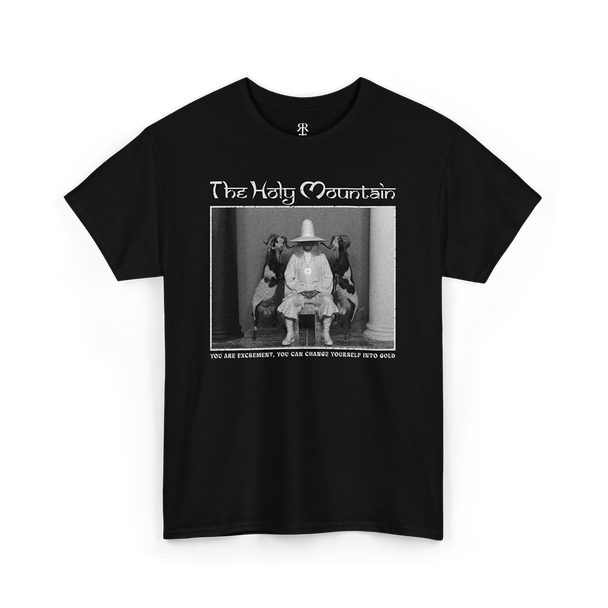 The Holy Mountain T-Shirt, showing the alchemist with two goats, and saying 'You are excrement, you can change yourself into gold