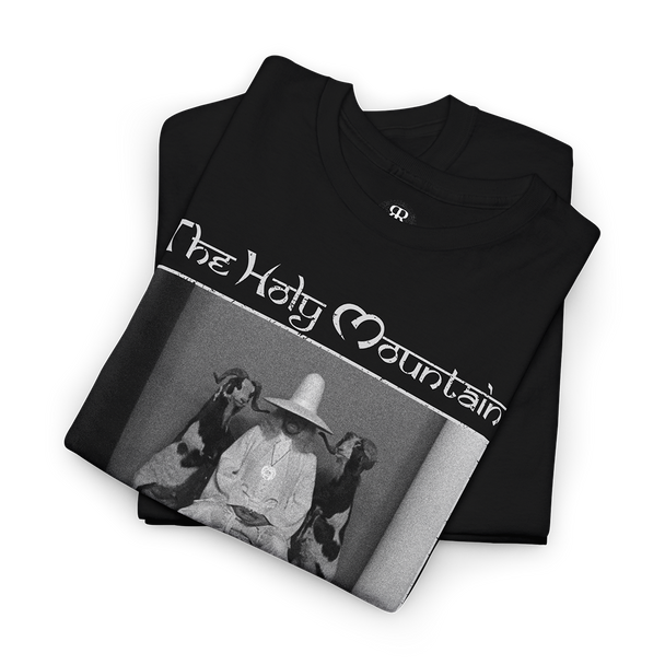 The Holy Mountain T-Shirt, showing the alchemist with two goats, and saying 'You are excrement, you can change yourself into gold