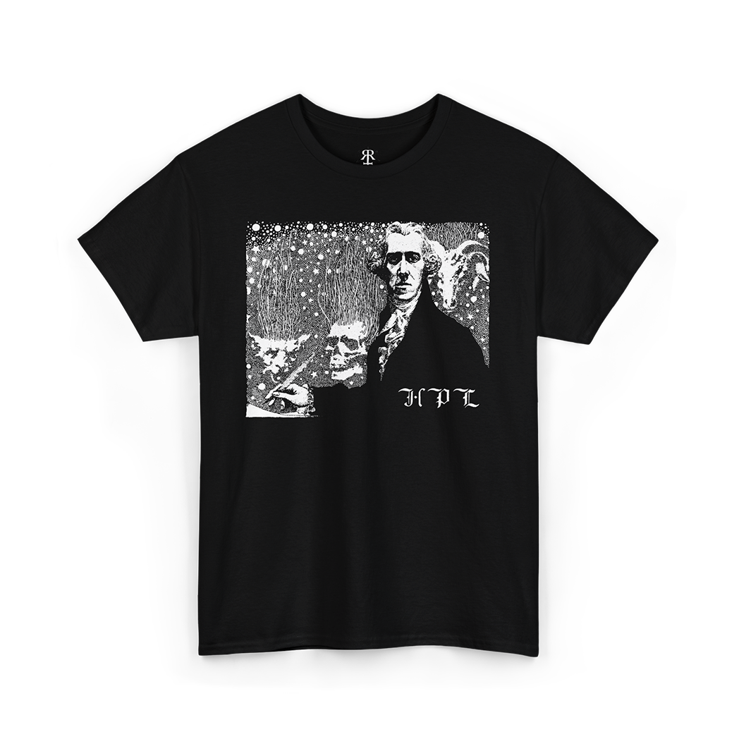 Black t-shirt showing abstract illustration depicting H.P. Lovecraft