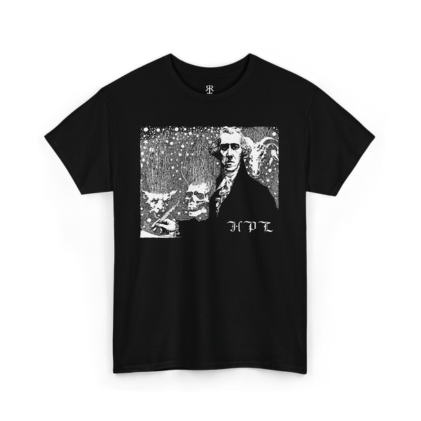 Black t-shirt showing abstract illustration depicting H.P. Lovecraft