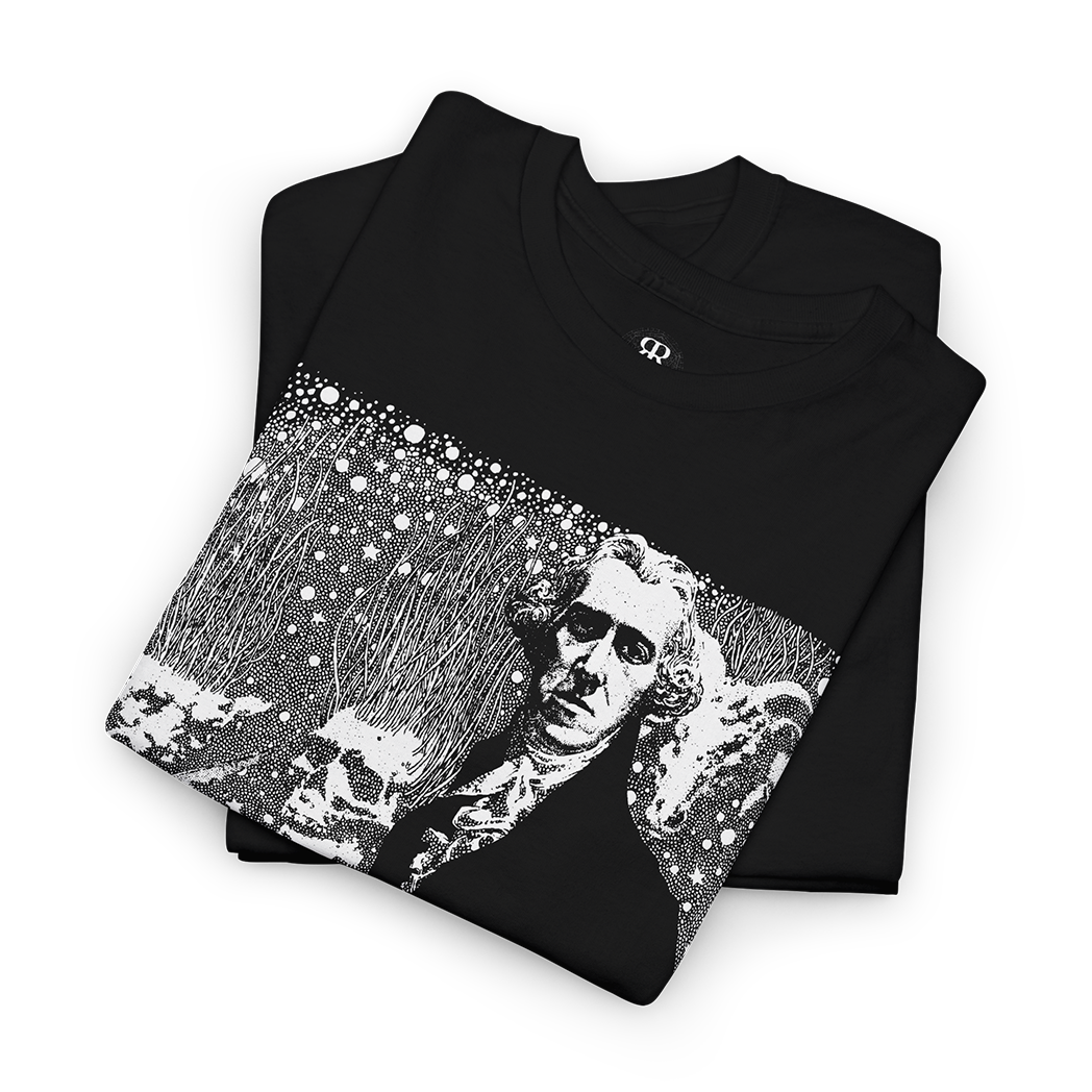 Black t-shirt showing abstract illustration depicting H.P. Lovecraft