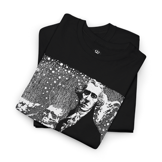 Black t-shirt showing abstract illustration depicting H.P. Lovecraft