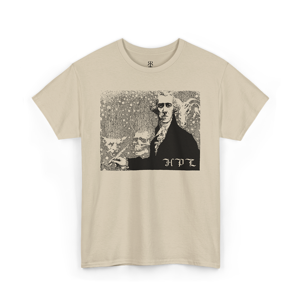 Beige t-shirt showing abstract illustration depicting H.P. Lovecraft