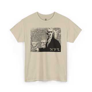 Beige t-shirt showing abstract illustration depicting H.P. Lovecraft