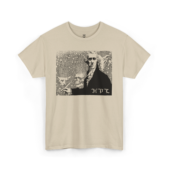 Beige t-shirt showing abstract illustration depicting H.P. Lovecraft