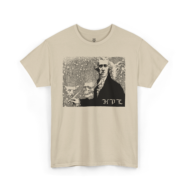 Beige t-shirt showing abstract illustration depicting H.P. Lovecraft